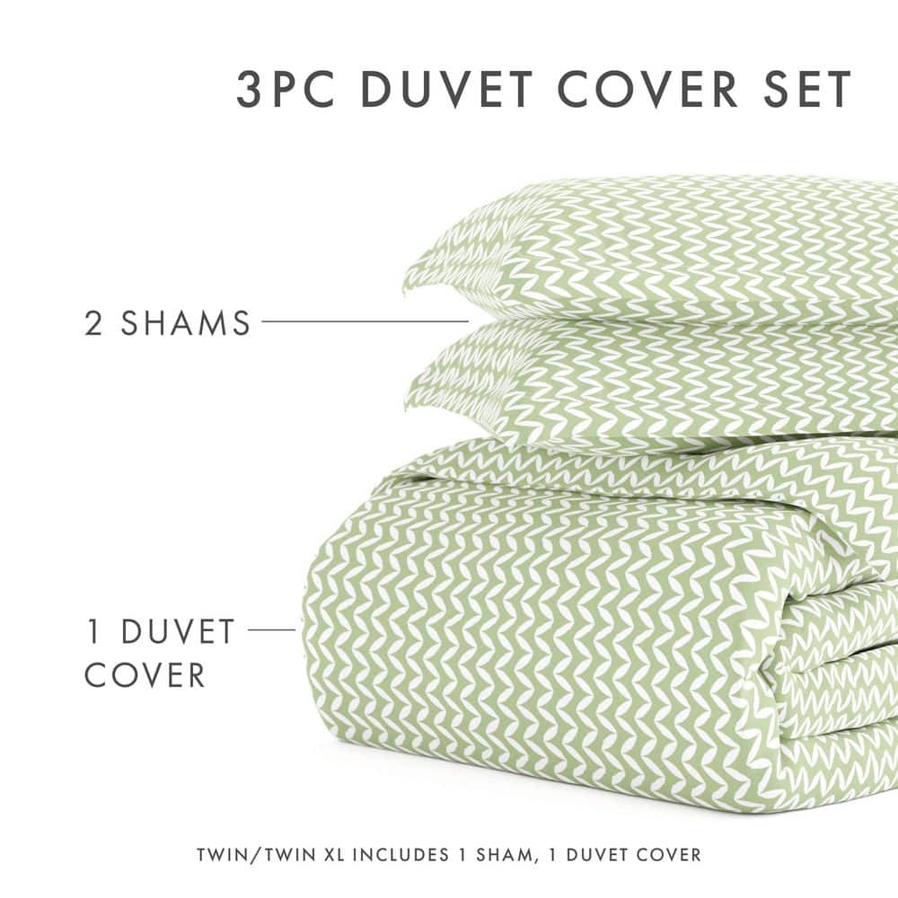 Sage Green Microfiber Twin Duvet Cover Set with Chevron Pattern