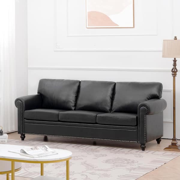 83.8 in. W Nailhead Trim Rolled Arm Faux Leather Mid-Century Modern Straight Sofa in Black with Birch Legs