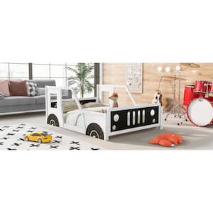 White Wood Frame Full Size Classic Car-Shaped Platform Bed with Wheels