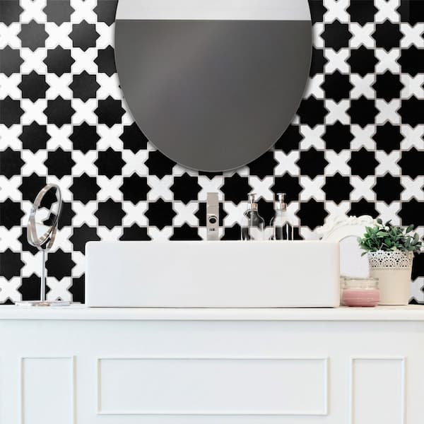 Metro 2 in. Star Matte Black with White Cross 12 in. x 12 in. Porcelain Floor and Wall Mosaic Tile (10.0 sq. ft. /Case)