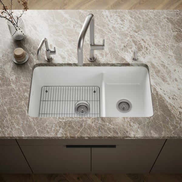 Cairn Undermount Neoroc Granite Composite 33.5 in. Double Bowl Kitchen Sink Kit in Matte White
