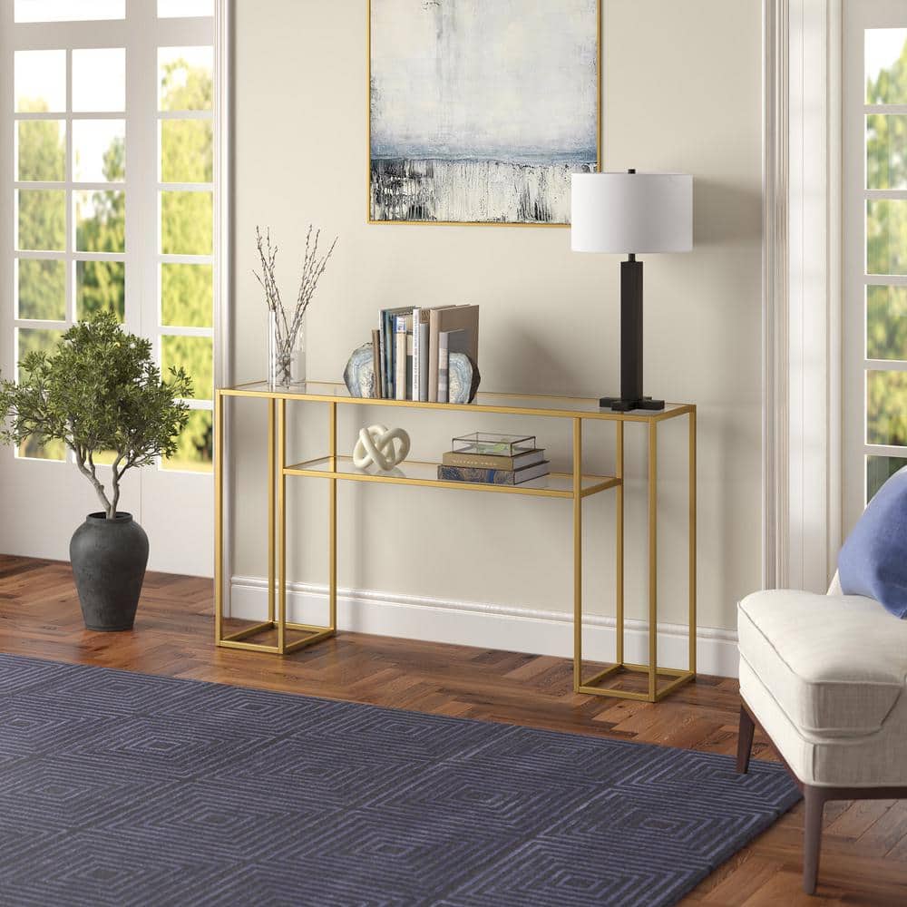 Art Deco Inspired 55" Brass & Glass Console Table with Shelf
