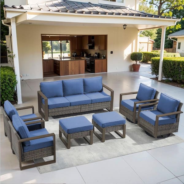 Cube Edge 7-Piece Gray Wicker Patio Conversation Set with Olefin Blue Cushions and Ottomans/ Patio Swivel Gliders