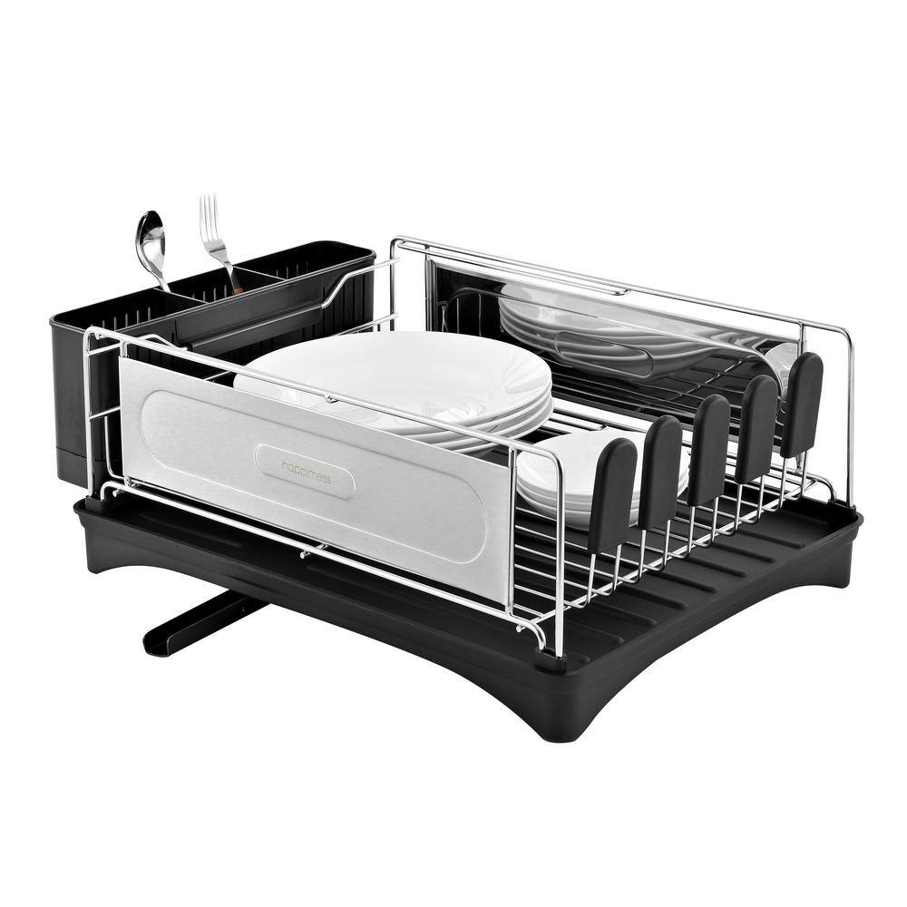 Compact 18.25" Stainless Steel 2-Tier Dish Drying Rack with Utensil Holder
