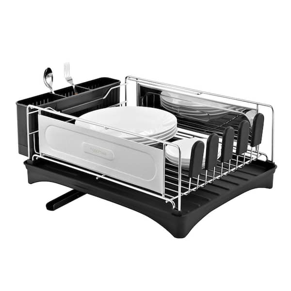 happimess Simple 20.5 in. Stainless Steel/White with Swivel Spout Tray and Wine Glass Holder, Dish Rack