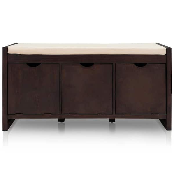 Utopia 4niture Raquel Brown Storage Bench with Removale Cushion and 3-Flip Lock Storage Cubbies for Living Room