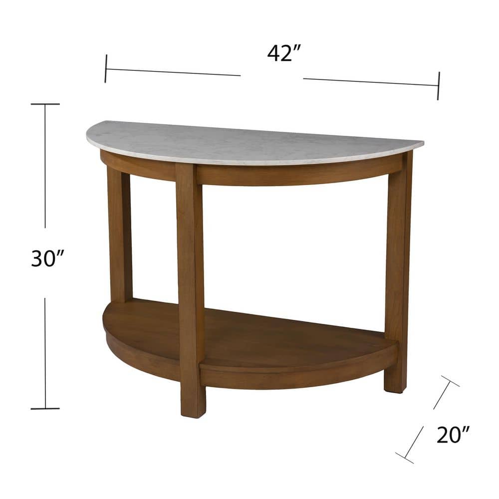 White and Natural Faux Marble Demilune Console Table with Storage
