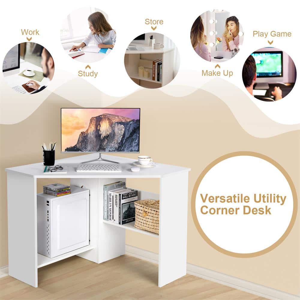 White Wood Corner Computer Desk with Storage Shelves