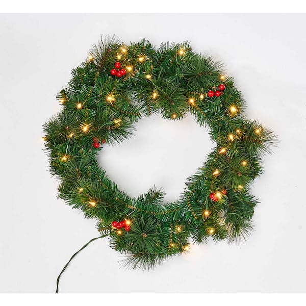 Unbranded 2 ft. Artificial Pine Wreath with Lights and Berries