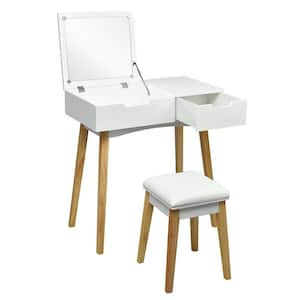 Vanity Makeup Table Cushioned Stool Set with Flip Top Mirror and 1-Drawer Writing Desk