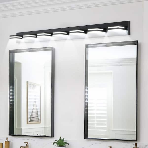 55 in. 7-Light Black LED Vanity Light Bar with Dimmable Square Acrylic Shades