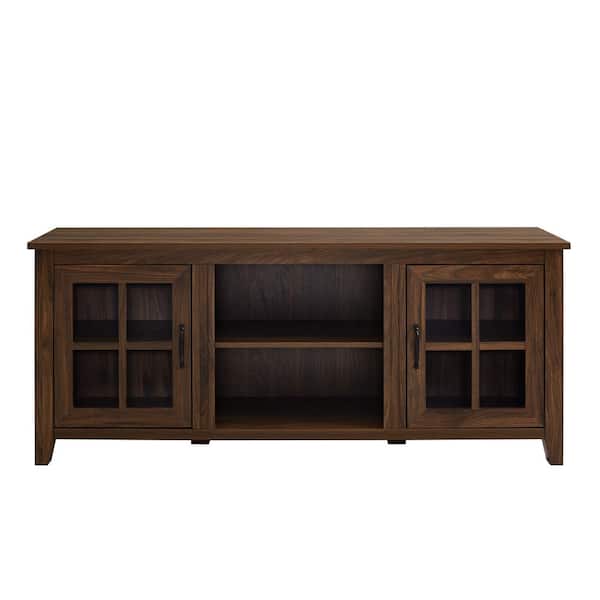 Welwick Designs 58 in. Dark Walnut Wood and Glass Farmhouse TV Stand with 2 Window Pane Doors Fits TVs up to 65 in.