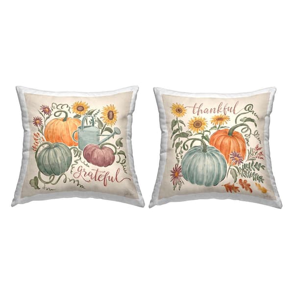 Thankful Grateful Autumnal Plants Floral Pumpkins Multi-Color Botanical Polyester 18in. X 18in. Throw Pillow Set of 2