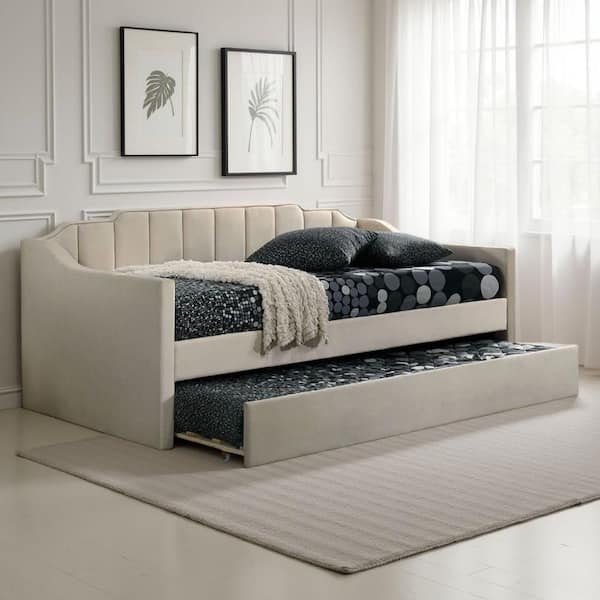 Oren Beige Twin Daybed with Staircase Headboard and Channel Tufted Fabric
