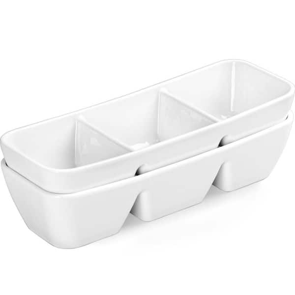 11 in. Ceramic Condiment Servers Divided Serving Tray for Snacks, Fruit, Candy, Chip and Dip Sets, White (2-Pack)