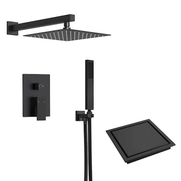 EVERSTEIN Single-Handle Rain 2-Spray Square 10 in. Shower Head Fixed and Handheld Shower Head in Matte Black with Shower Drain