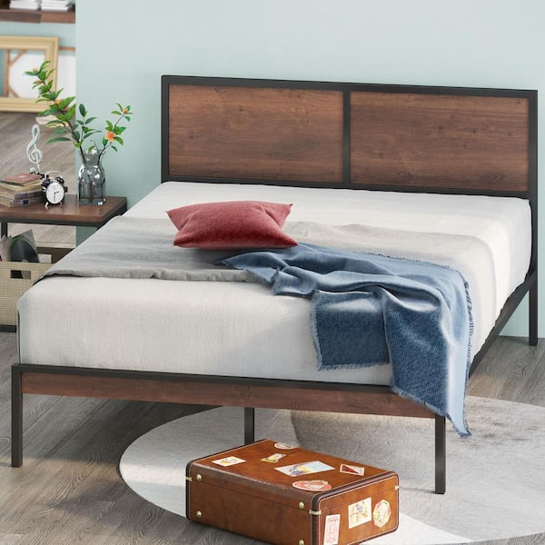 Mory Brown Metal Queen Platform Bed Frame with Split Headboard