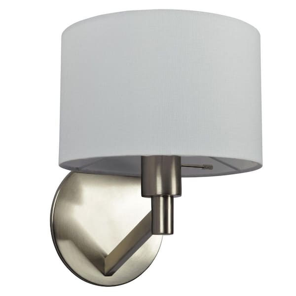 8.98 in. 1-light Brushed Nickel Wall Sconce with White Fabric Shade, E26 Bulb Not Included