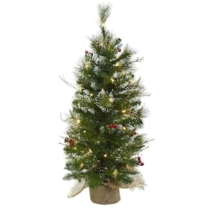 3 ft. Artificial Christmas Tree with Clear Lights Berries and Burlap Bag