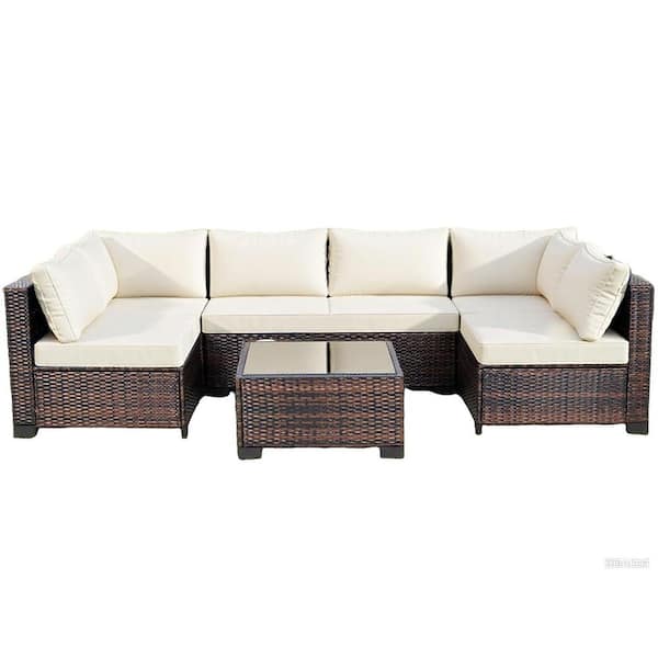 JUSKYS Mixed-Brown Wicker 7-Piece Outdoor Patio Sectional Sofa All-Weather PE Rattan Conversation Set w/Beige Cushion and Table