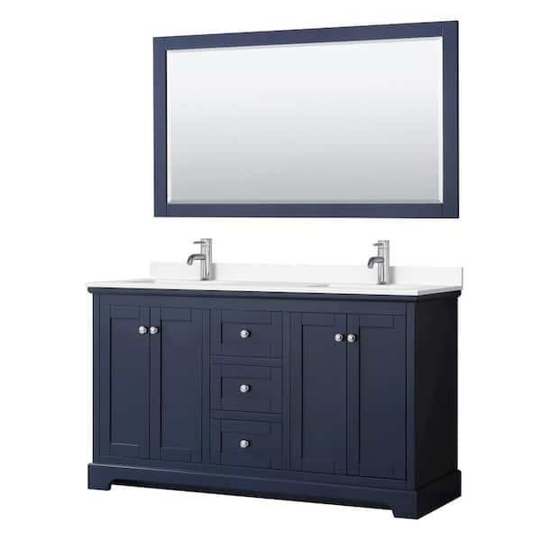 Wyndham Collection Avery 60 in. W x 22 in. D x 35 in. H Double Bath Vanity in Dark Blue with White Cultured Marble Top and 58 in. Mirror