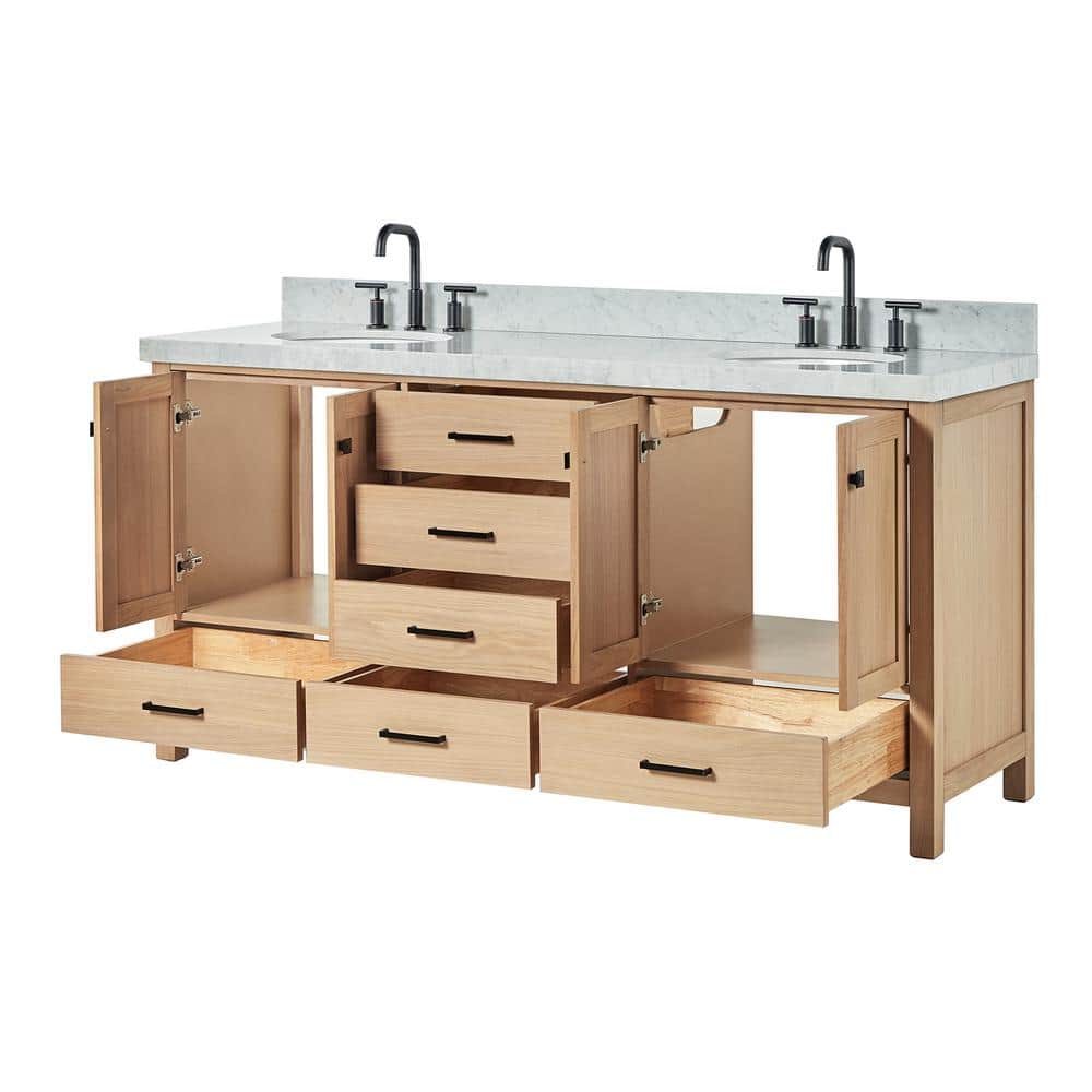 Cambridge 72'' Oak Double Vanity with Carrara Marble Top