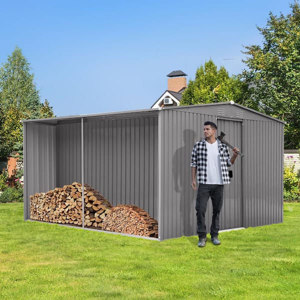 Outdoor Storage Shed has 2-Functions: Metal Shed and Firewood Shed 14 ft. x 12 ft. Grey (169.4 sq. ft.)
