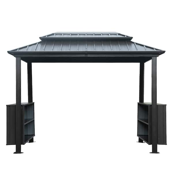 10.6 ft. x 6.1 ft. Gray Outdoor Metal Hardtop Gazebo with Double Galvanized Steel Roof, 2 Cabinets