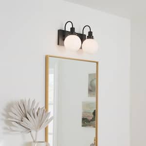 Hex 14.25 in. 2-Light Black Modern Bathroom Vanity Light with Opal Glass Shades
