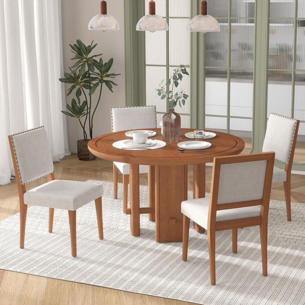 Minimalist 5-Piece Brown and Beige Round Dining Table Set for 4, with 4 Solid Wood Upholstered Chairs