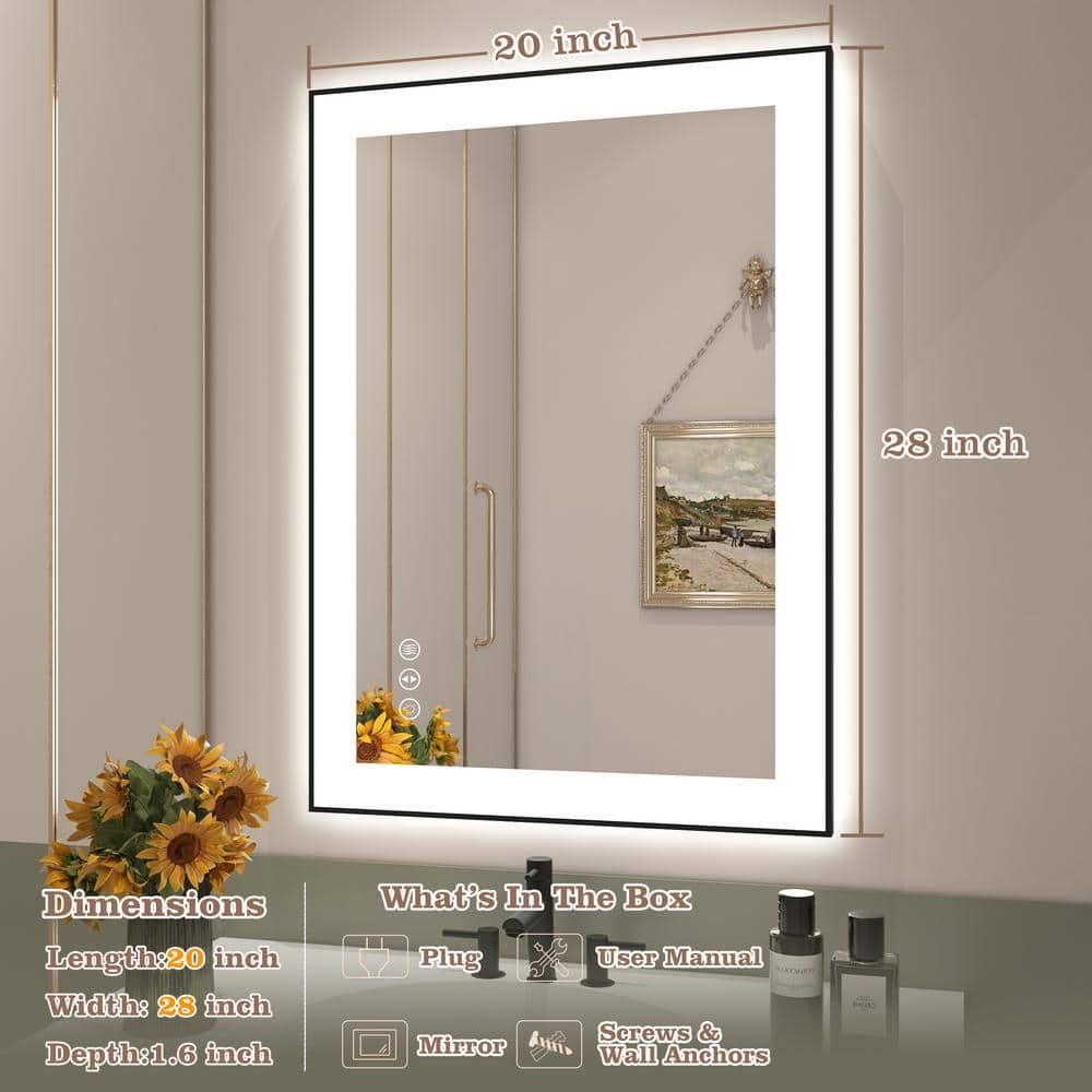 28" x 20" Black Aluminum Rectangular LED Bathroom Mirror