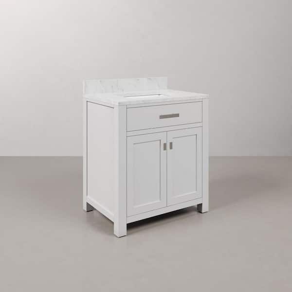 Madison 30 in. W x 21.5 in. D x 34 in. H Single Sink Bath Vanity in Pure White with Carrara White Marble Top and Mirror