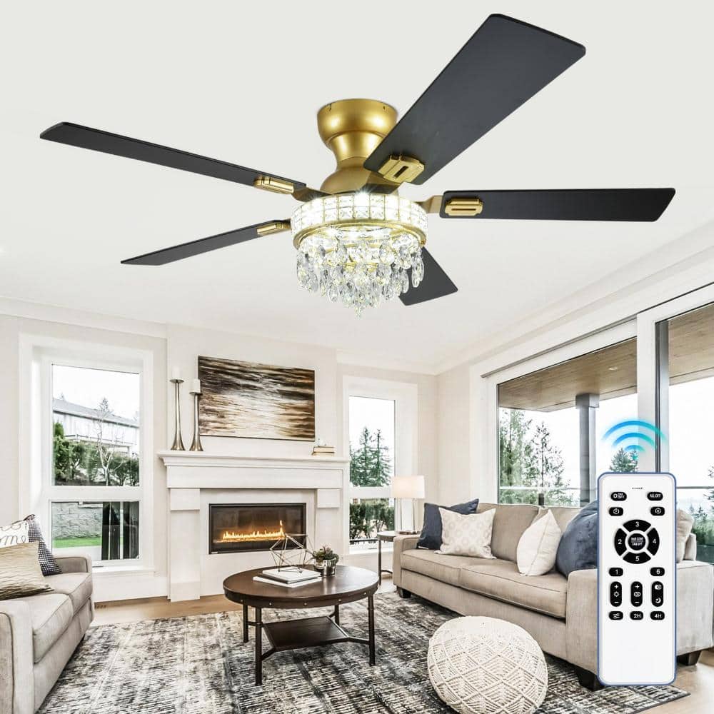 42 in. Gold Crystal 5-Walnut/Black Blade Flush Mounted Fandelier Ceiling Fan with LED Light and Remote for Bedroom price history on PriceWatchPro