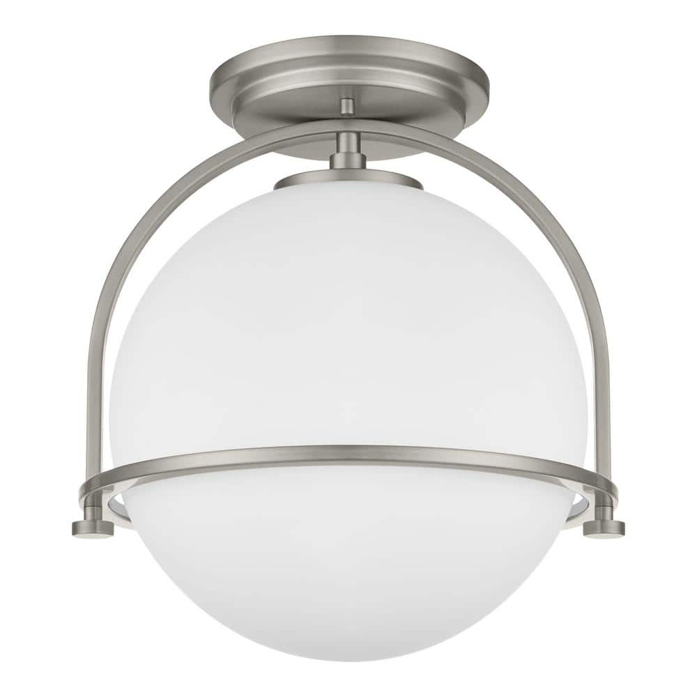 Home Decorators Collection Owens 11.25 in. 1-Light Brushed Nickel Semi-Flush Mount Ceiling Light Fixture with White Glass Globe Shade