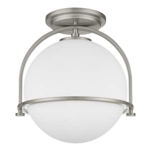 Owens 11.25 in. 1-Light Brushed Nickel Semi-Flush Mount Ceiling Light Fixture with White Glass Globe Shade
