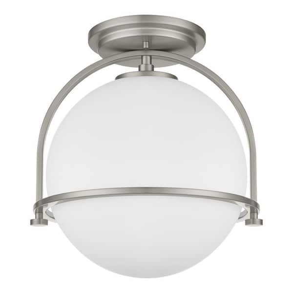Home Decorators Collection Owens 11.25 in. 1-Light Brushed Nickel Semi-Flush Mount Ceiling Light Fixture with White Glass Globe Shade