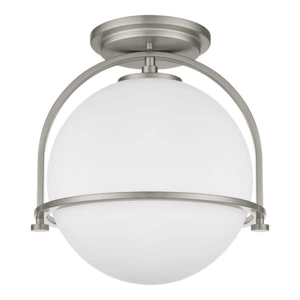 Owens 11.25 in. 1-Light Brushed Nickel Semi-Flush Mount Ceiling Light Fixture with White Glass Globe Shade