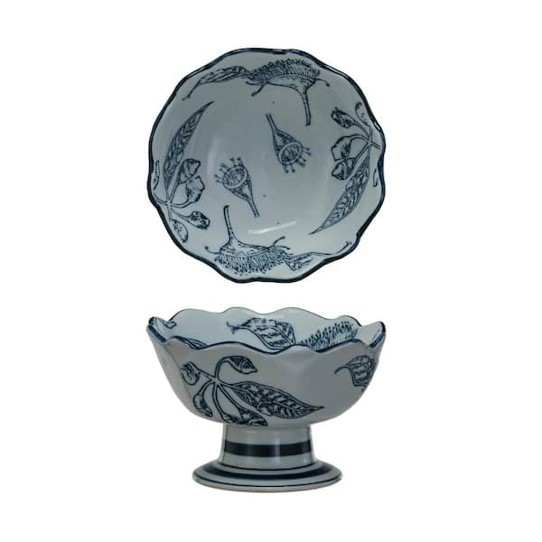 Storied Home 5.8 in. 12.7 fl. oz. Blue and White Botanical Bliss Stoneware Serving Bowl