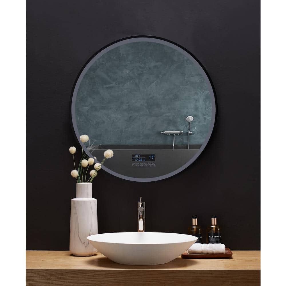 Round Black LED Bathroom Vanity Mirror with Bluetooth and Digital Display