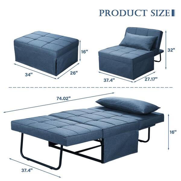 4 in-1 72 in. W Dark Blue Folding Linen Full Size Sofa Bed Convertible Chair/Ottoman