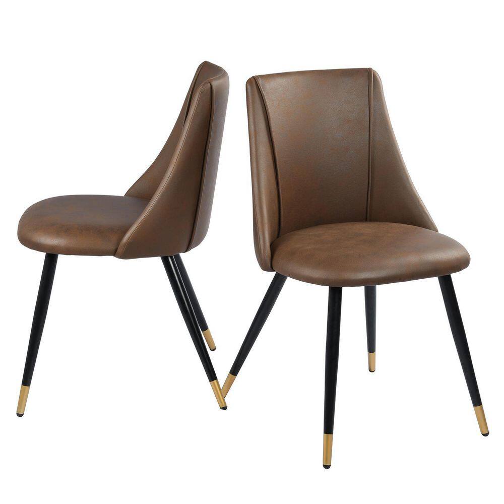 Homy Casa Smeg Brown Faux Leather Upholstered Black Gold Metal Legs Side Dining Chairs (Set of 2)