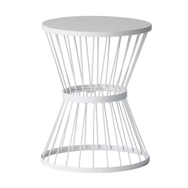Unbranded Modern Sleek Round Metal Outdoor Patio Deck Side Table, Hourglass Structure and An Open Cage Design, Matte White