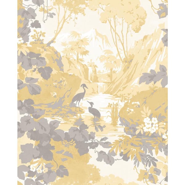 Brewster Home Fashions Eden Mustard Crane Lagoon Wallpaper Sample