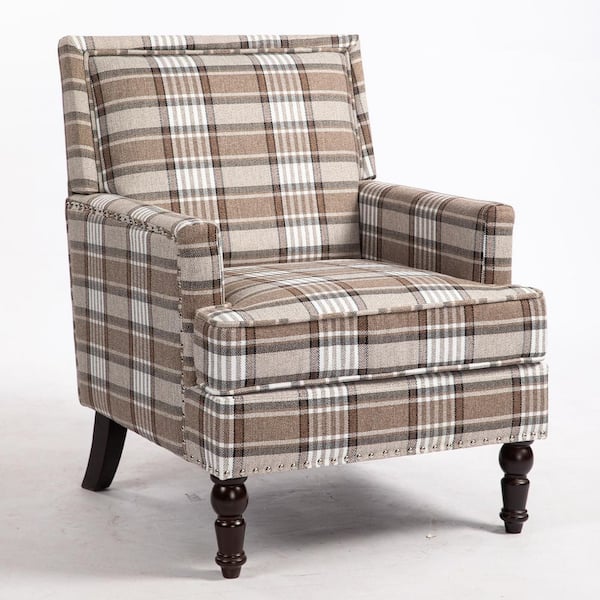 Coffee Brown Mix White Linen Fabric Vintage Upholstered Accent Chair, Living Room Arm Chair with Nailhead Trim