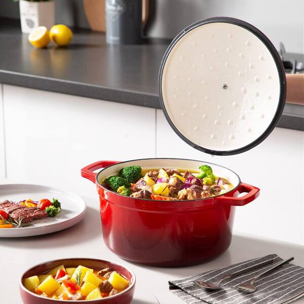 6 qt. Round Enameled Cast Iron Dutch Oven with Lid and Dual Handles for Bread Baking Nonstick Red 1-Piece