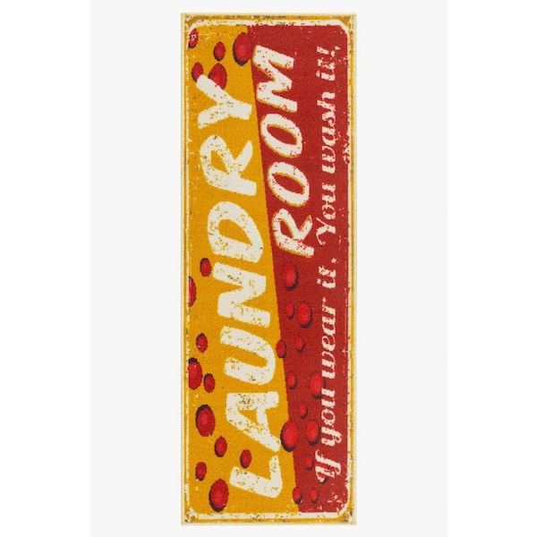 Ottomanson Laundry Collection Non-Slip Rubberback Bubbles 2x5 Laundry Room Runner Rug, 20 in. x 59 in., Red/Yellow