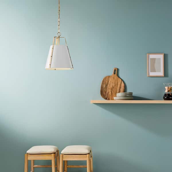 Etcher 13 in. 1-Light White and Champagne Bronze Traditional Shaded Hanging Pendant Light with Metal Shade
