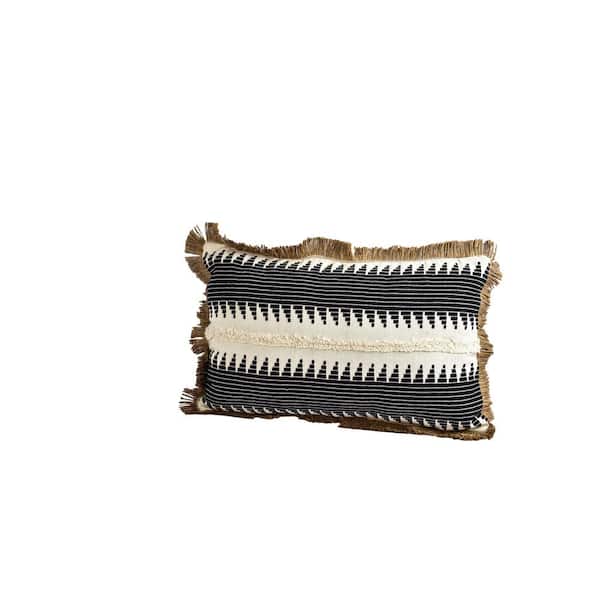 SPITIKO HOMES 100% Cotton Rectangle Pillow Cover and Insert with Fringes (Natural/Black/14 in. x 20 in.)