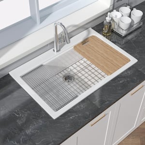 33 in. 1-Hole Drop-In Workstation Kitchen Sink Single Bowl in White Fireclay Kitchen Sink with Cutting Board