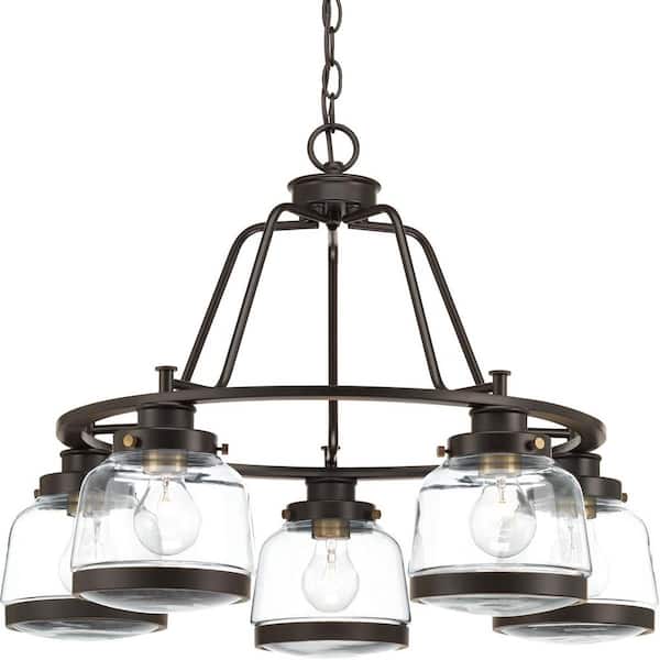 Progress Lighting Judson Collection 26 in. 5-Light Antique Bronze Clear Glass Farmhouse Chandelier Dining Room Light